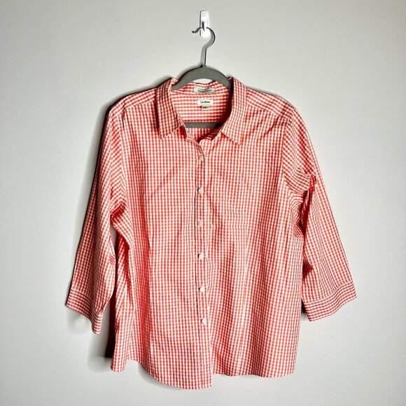 L.L. Bean Wrinkle Resistant Orange Gingham Check Button Up 3/4 Sleeve Sz 1X - Picture 1 of 4